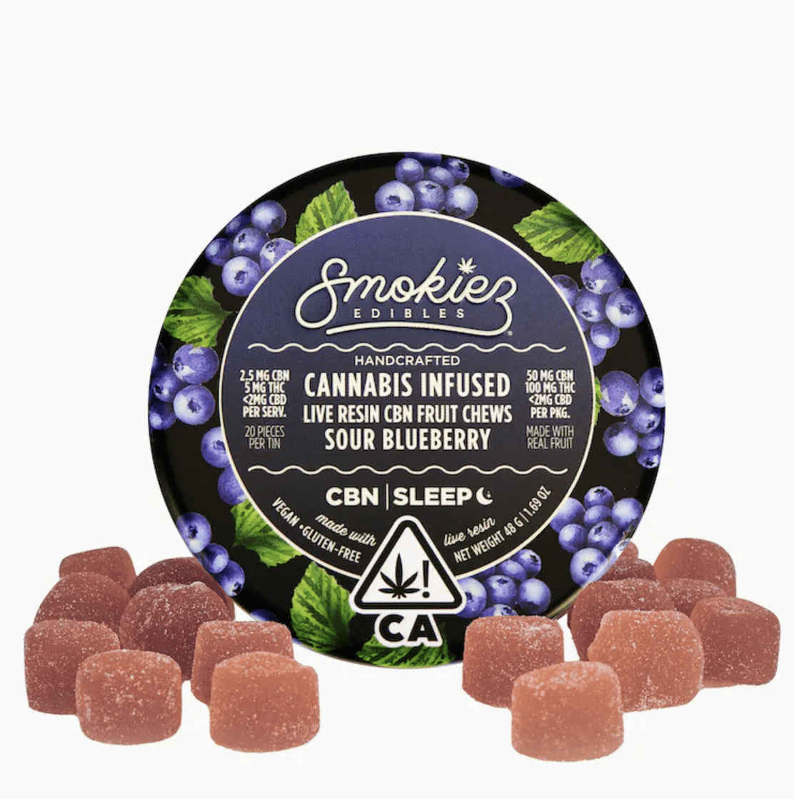 Снимок экрана 2023-12-01 в 8.56.36 PM Smokiez Edibles Sour Blueberry 50mg CBN : 100mg Live Resin THC 1:1 Fruit Chews - CA - Image 1