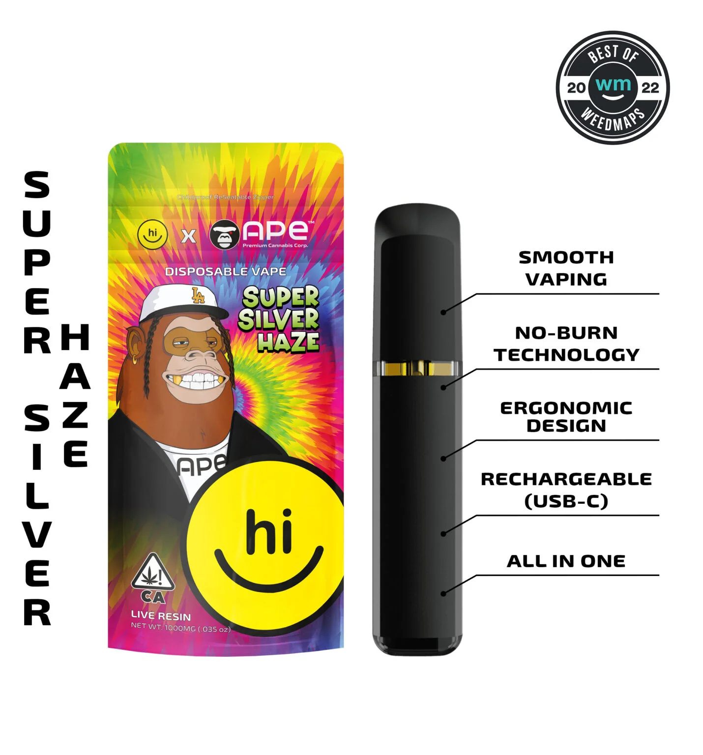APE-Disposable-1g-Super-Silver-Haze-1430x1536.jpg APE & HI! - Super Silver Haze — Live Resin Disposable Vape 1g (all in one) - Image 1