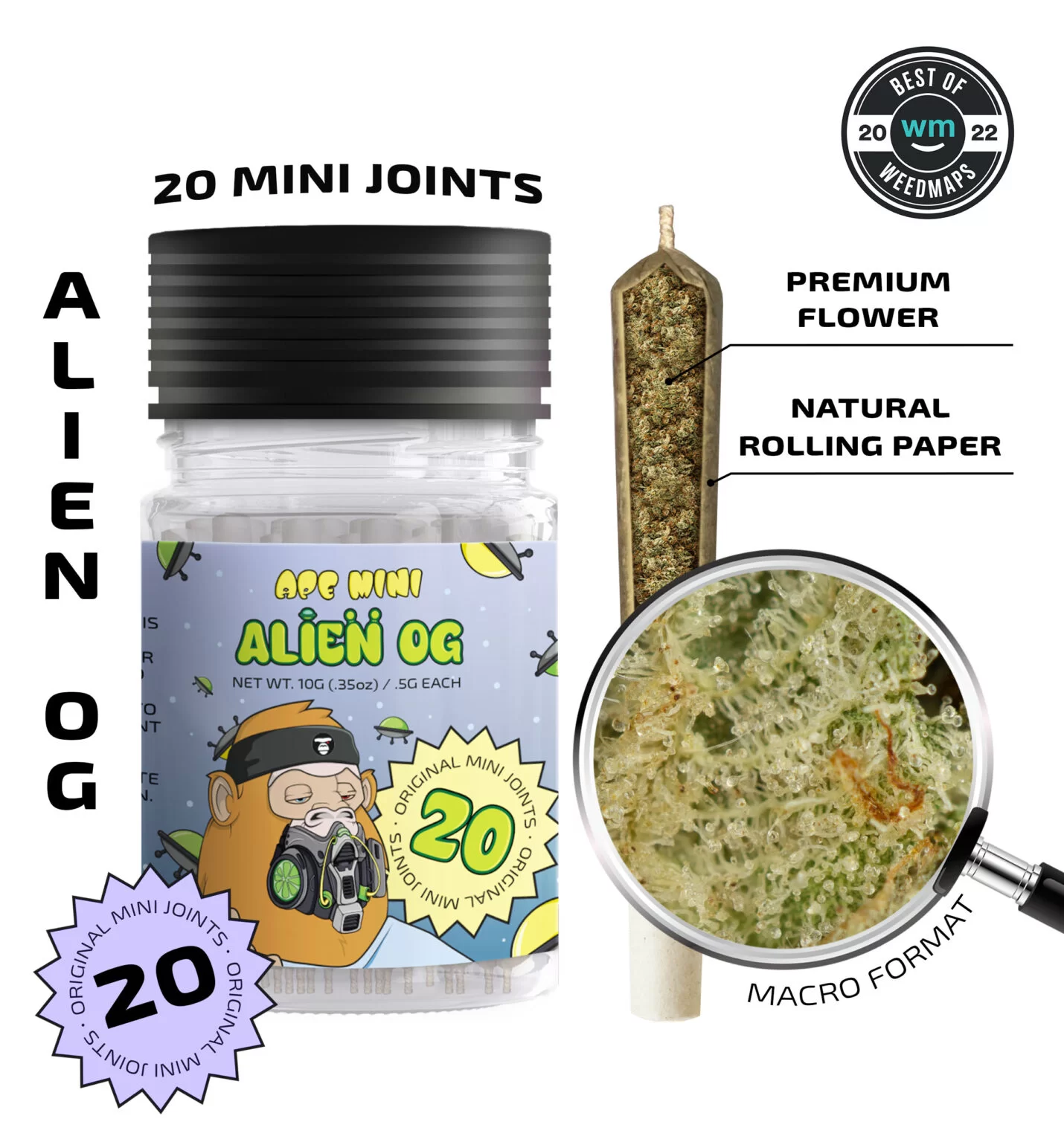 Ape-Mini-Joint-0.5g-Alien-OG-1430x1536.jpg APE - Alien OG — 20 original mini joints (10g | 0.5g each) - Image 1