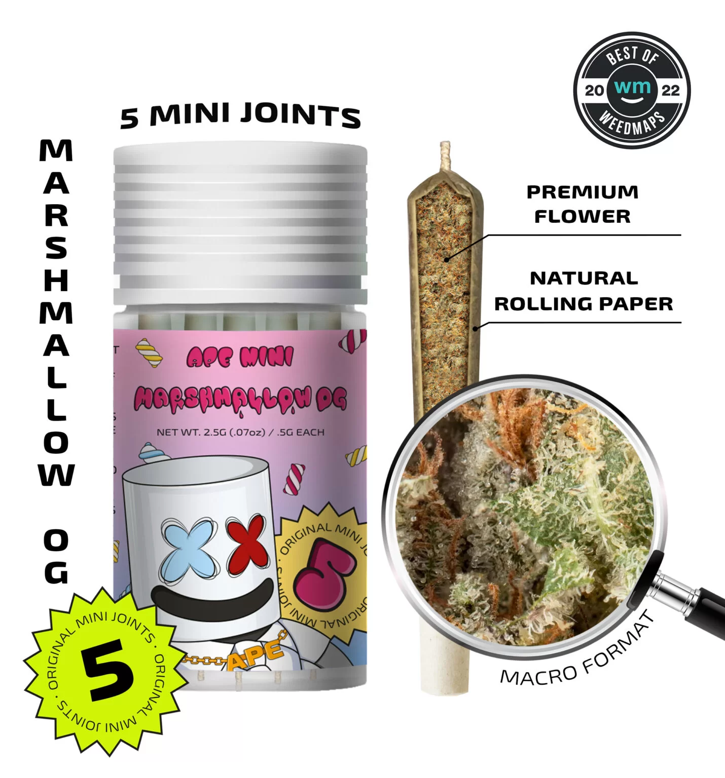 Ape-Mini-Joint-0.5g-Marshmallow-OG-WM-3-1430x1536.jpg APE - APE MARSHMALLOW OG — 5 original mini joints (2.5g | 0.5g each) - Image 1