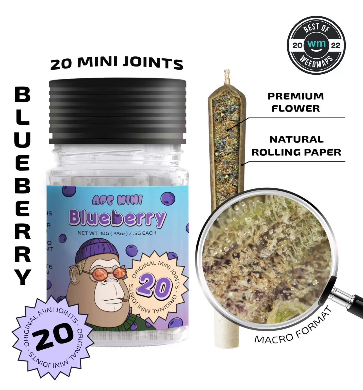 Ape-Mini-Joint-0.5g-Blueberry-1430x1536.jpg APE - Blueberry — 20 original mini joints (10g | 0.5g each) - Image 1