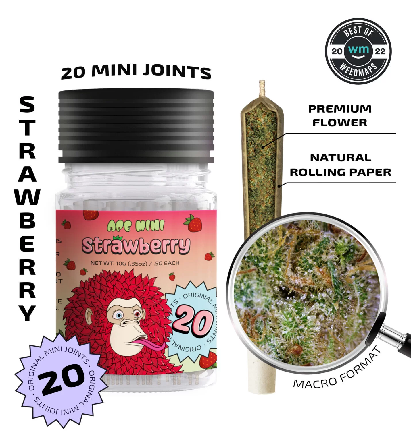 Ape-Mini-Joint-0.5g-Strawberry-1430x1536.jpg APE - Strawberry — 20 original mini joints (10g | 0.5g each) - Image 1