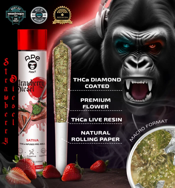 1g-THCa-Live-Resin-Infused-THCa-Diamond-Coated-Joint-Strawberry-Diesel-700x752.jpg APE — Strawberry Diesel (Sativa) – THCa Joint Live Resin Infused and THCa Diamond Coated (1g) - Image 1