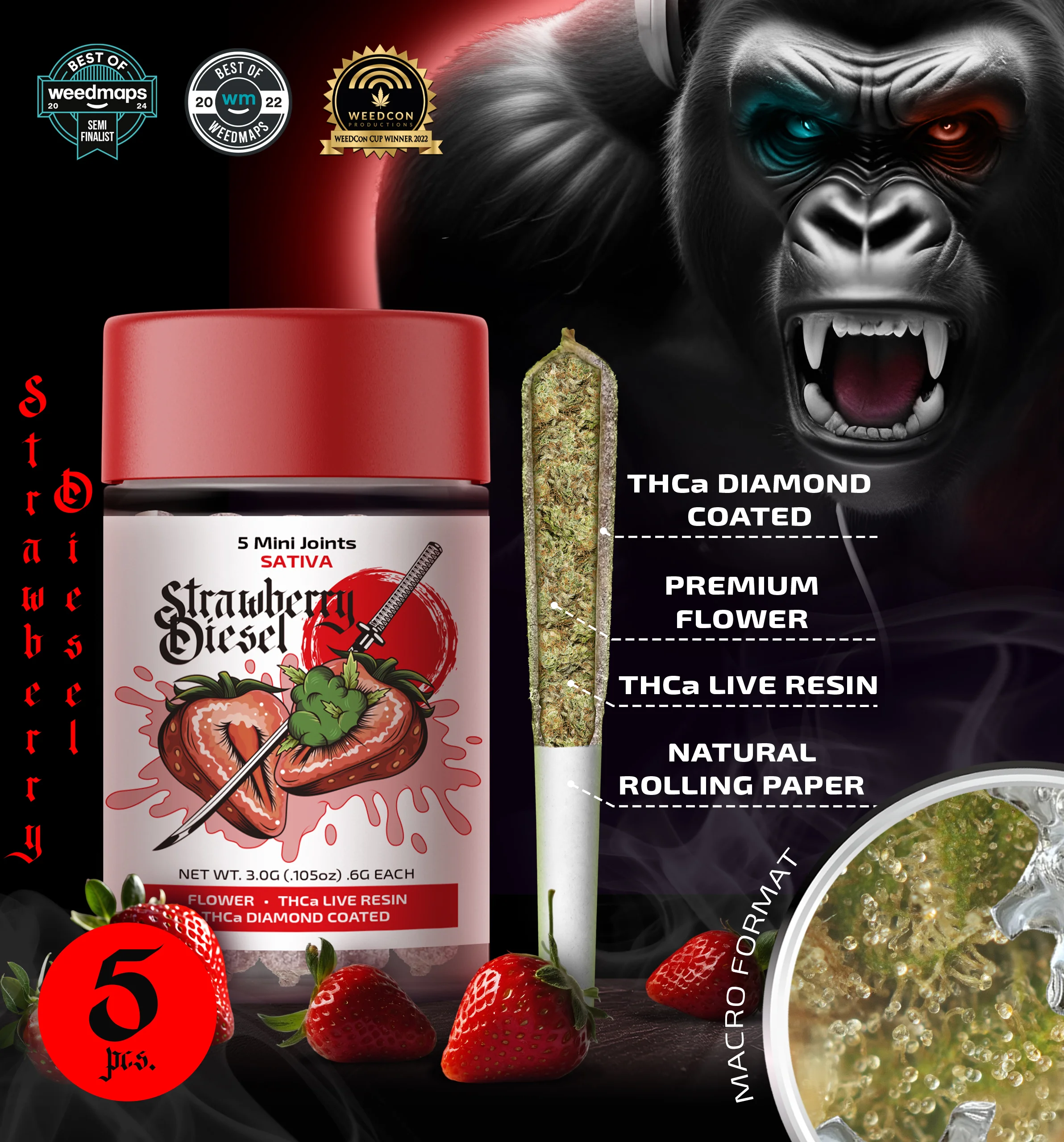 3g-5mini-joints-THCa-Live-Resin-Infused-THCa-Diamond-Coated-Strawberry-Diesel.jpg APE — Strawberry Diesel (Sativa) – 5mini joints THCa Live Resin Infused + THCa Diamond Coated (3G) - Image 1
