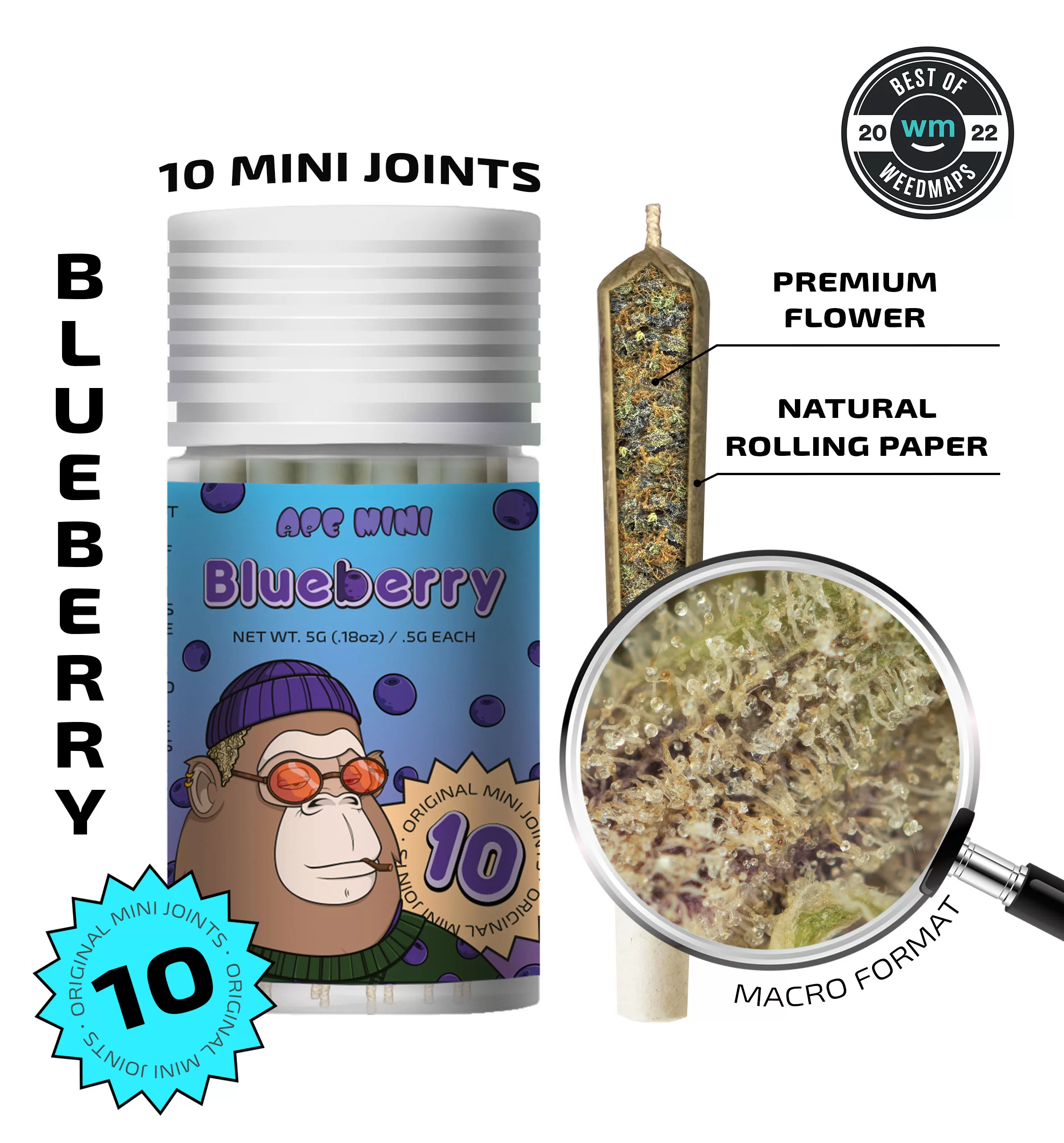 Ape-Mini-Joint-0.5g-Blueberry-WM-4.jpg APE - Blueberry — 10 original mini joints (5g | 0.5g each) - Image 1
