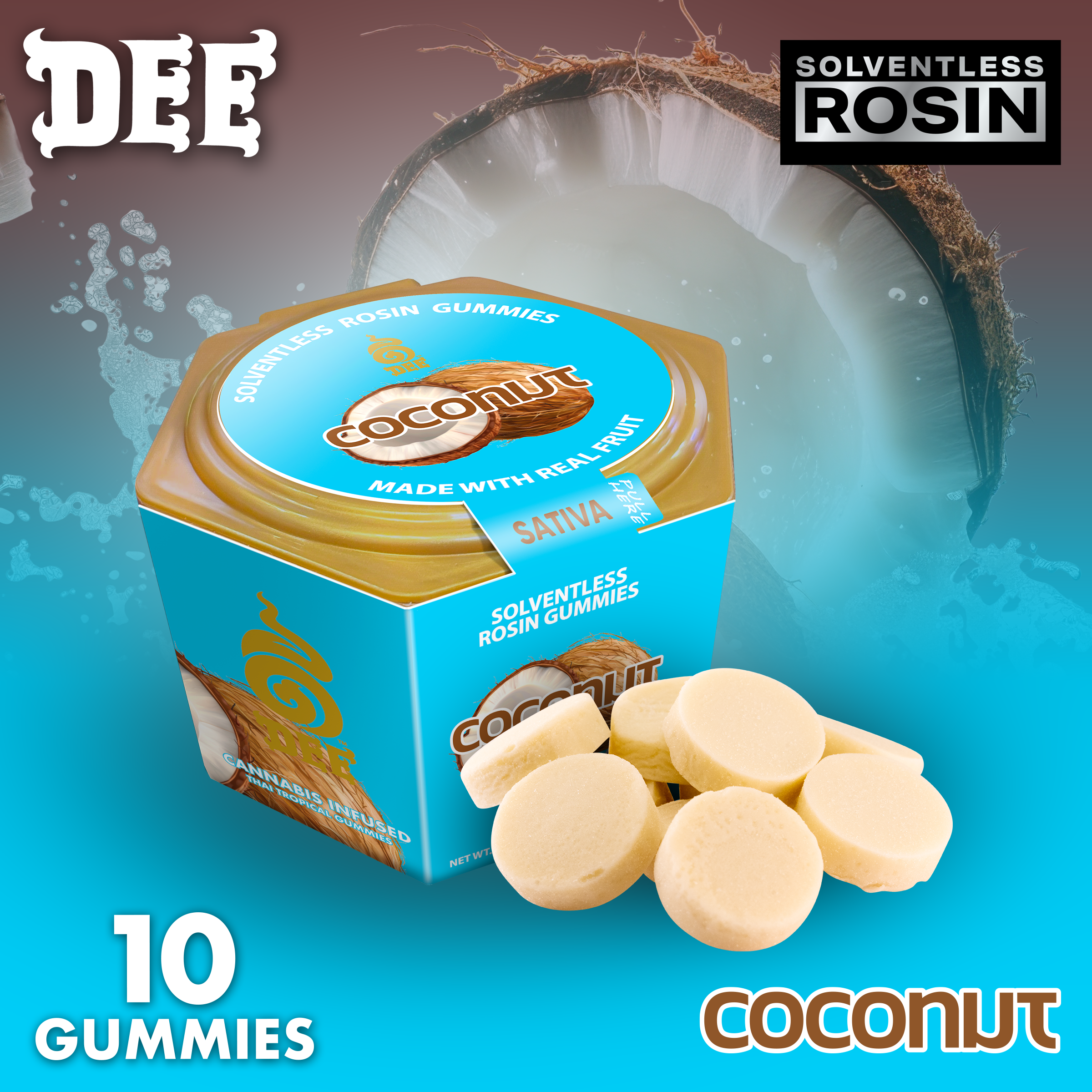DEE_10pkGummies_Sleeves_Coconut_MenuImages-1769462709 Dee - Gummies (Solventless Rosin) - Active - Coconut - THC 100mg - Image 1
