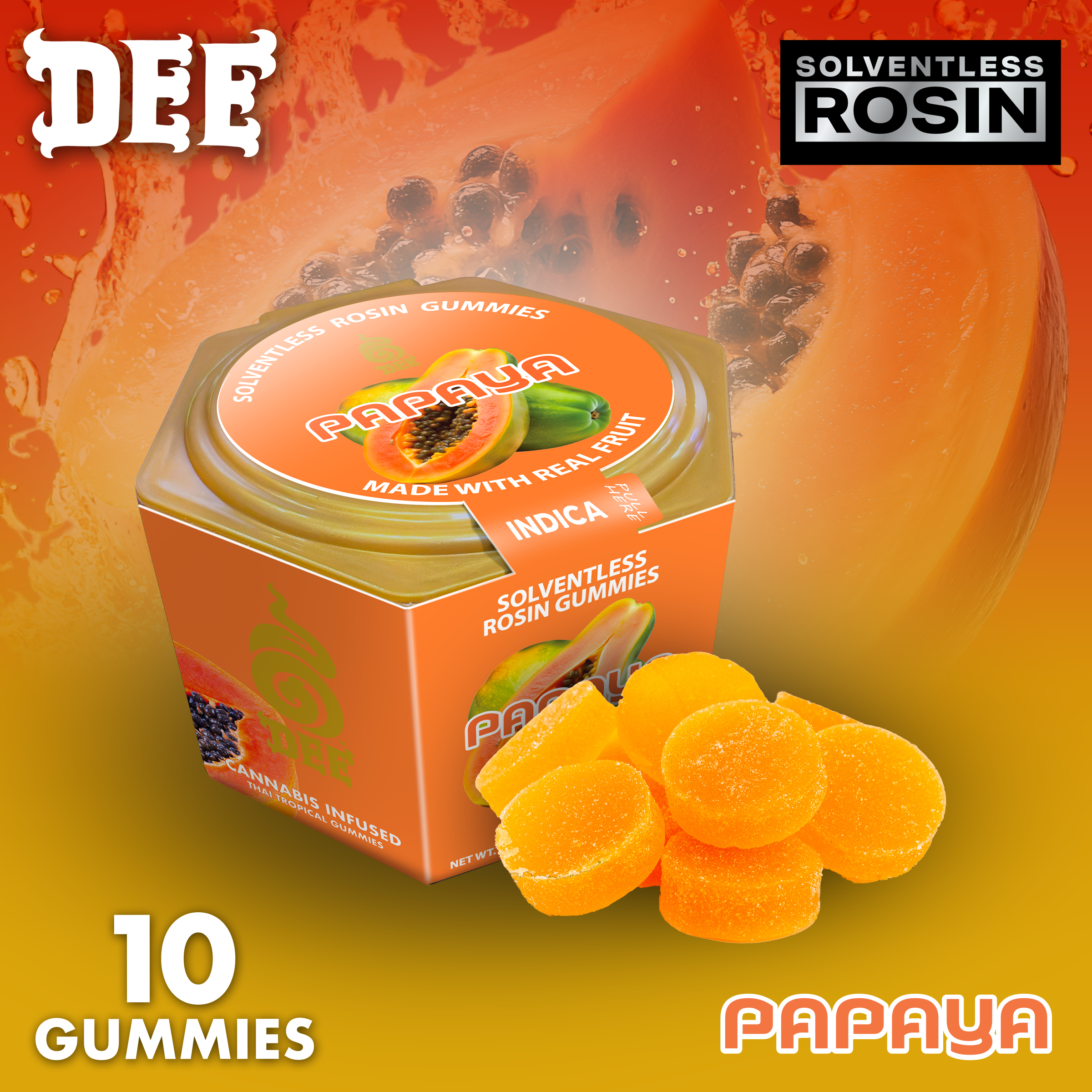 DEE_10pkGummies_Sleeves_Papaya_MenuImages-1769461943 Dee - Gummies (Solventless Rosin) - Restore - Papaya - THC 100mg - Image 1