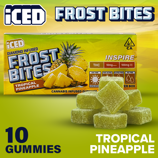 ICED_FrostBites10pk_TropicalPineapple_MenuImages-1773774002 ICED - Inspire - Tropical Pineapple - Frostbites Gummies THC 100mg (10pk) - Image 1