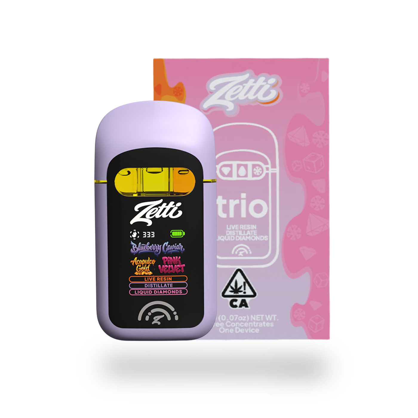 TRIO_BLUEBERRYCAVIAR-1787081901 ZETTI | 2g | Trio | Blueberry Caviar / Acapulco Gold / Pink Velvet | Sativa - AIO Vape - Image 1